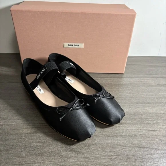 Miu Miu Black Satin Square-Toe Ballet Flats with Elastic Strap and Bow - Picture 1 of 6